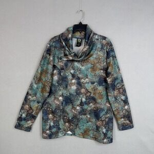 Pure Essence Blouse Womens XL Colorful Art to Wear Cowl Neck Tunic Top Stretch